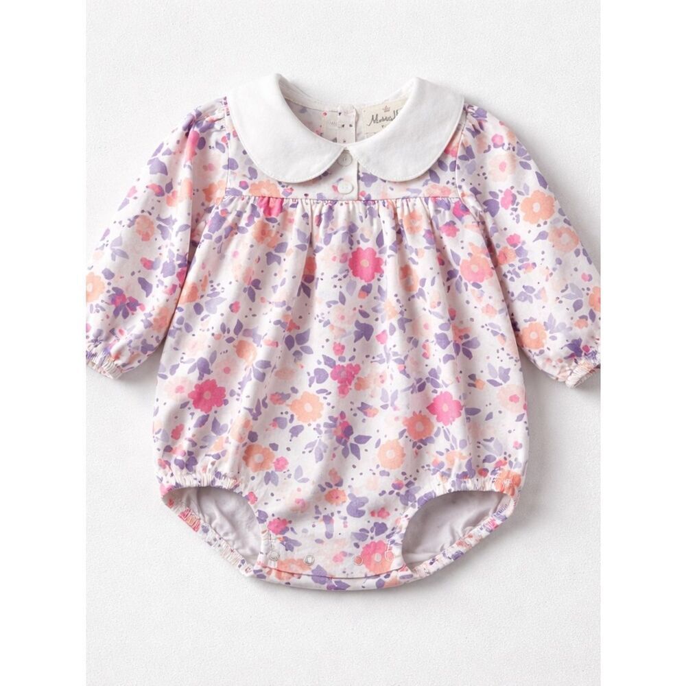 Marie Nicole Purple and white floral long sleeve bubble romper size 3-6 months